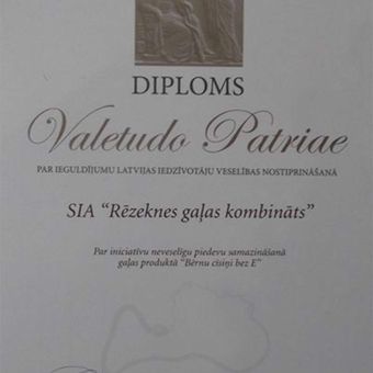 Diploms "Valetudo Patriae" par ieguldījumu Latvijas iedzīvotāju veselības nostiprināšanā