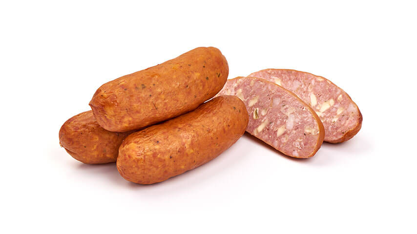 Barbecue smoked sausages with cheese and bacon