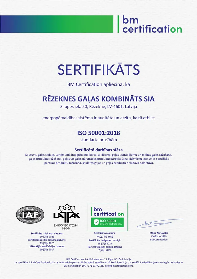 Energy Management System has been audited and meets the requirements of the ISO 50001:2018 standard.