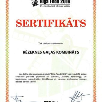 Sertifikāts par dalību izstādē "Riga Food 2016"