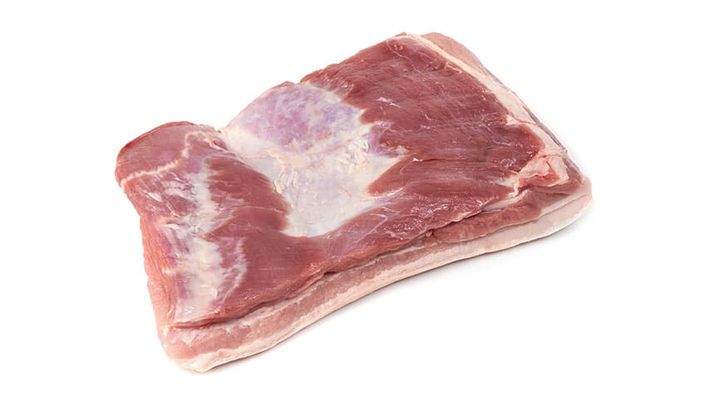 Pork belly, boneless, single ribbed, rind on, soft bone in, fl ank on, tip on